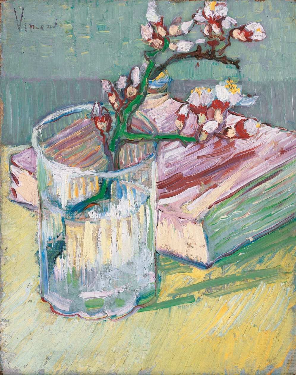 Flowering Almond Branch in a Glass with a Book by Vincent van Gogh