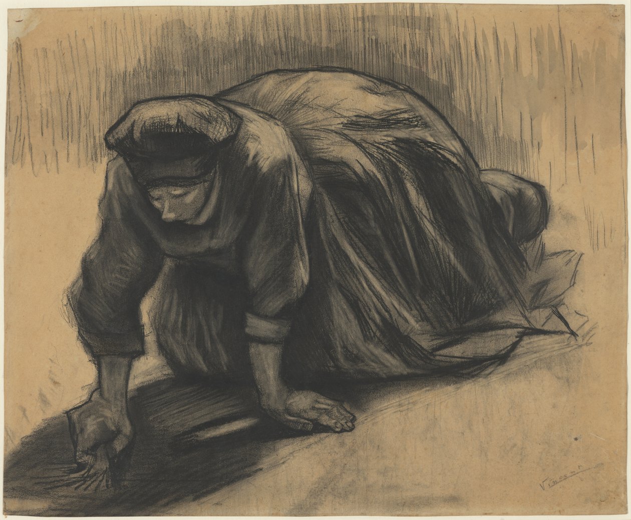 Peasant Woman Kneeling and Pulling Carrots by Vincent van Gogh