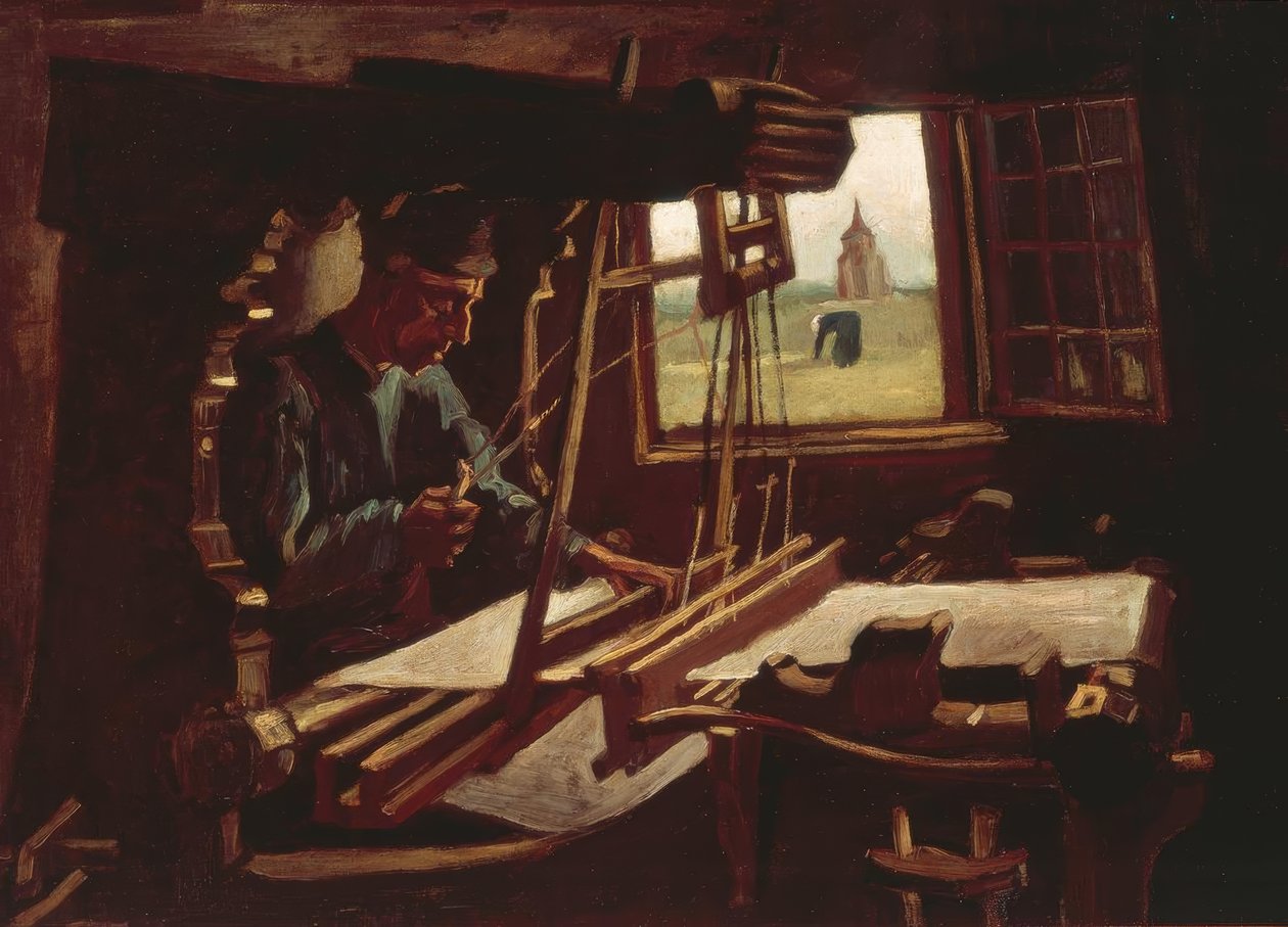 Weaver in Front of an Open Window with a View of the Tower of Nuenen by Vincent van Gogh