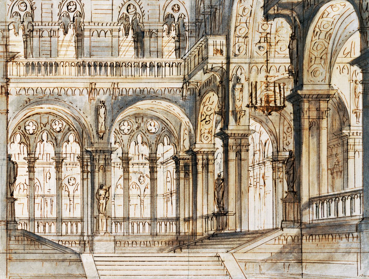 Set design for third scene of Capuleti and Montecchi, opera by Vincenzo Bellini, performed at La Fenice Theatre in Venice by Vincenzo Bellini
