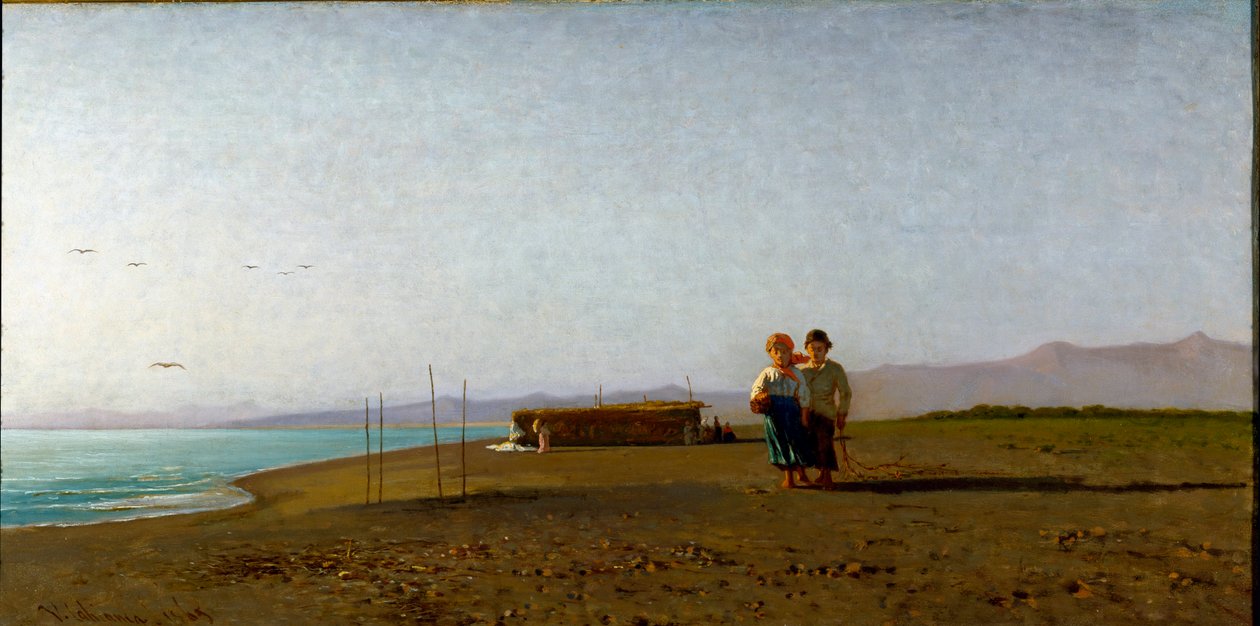 View of the beach in Viareggio the morning sun on the Tuscan coast, two child silhouettes by Vincenzo Cabianca