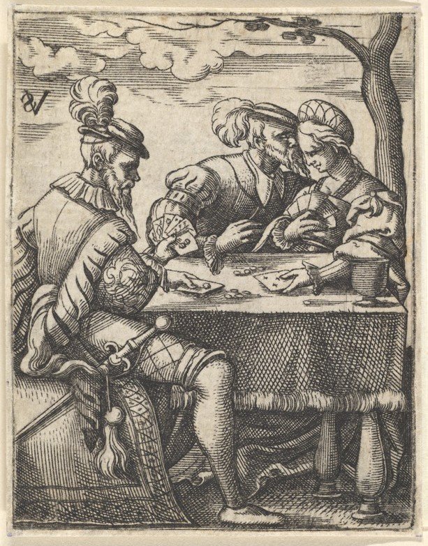 Two men and a woman playing cards at a table by Virgil Solis