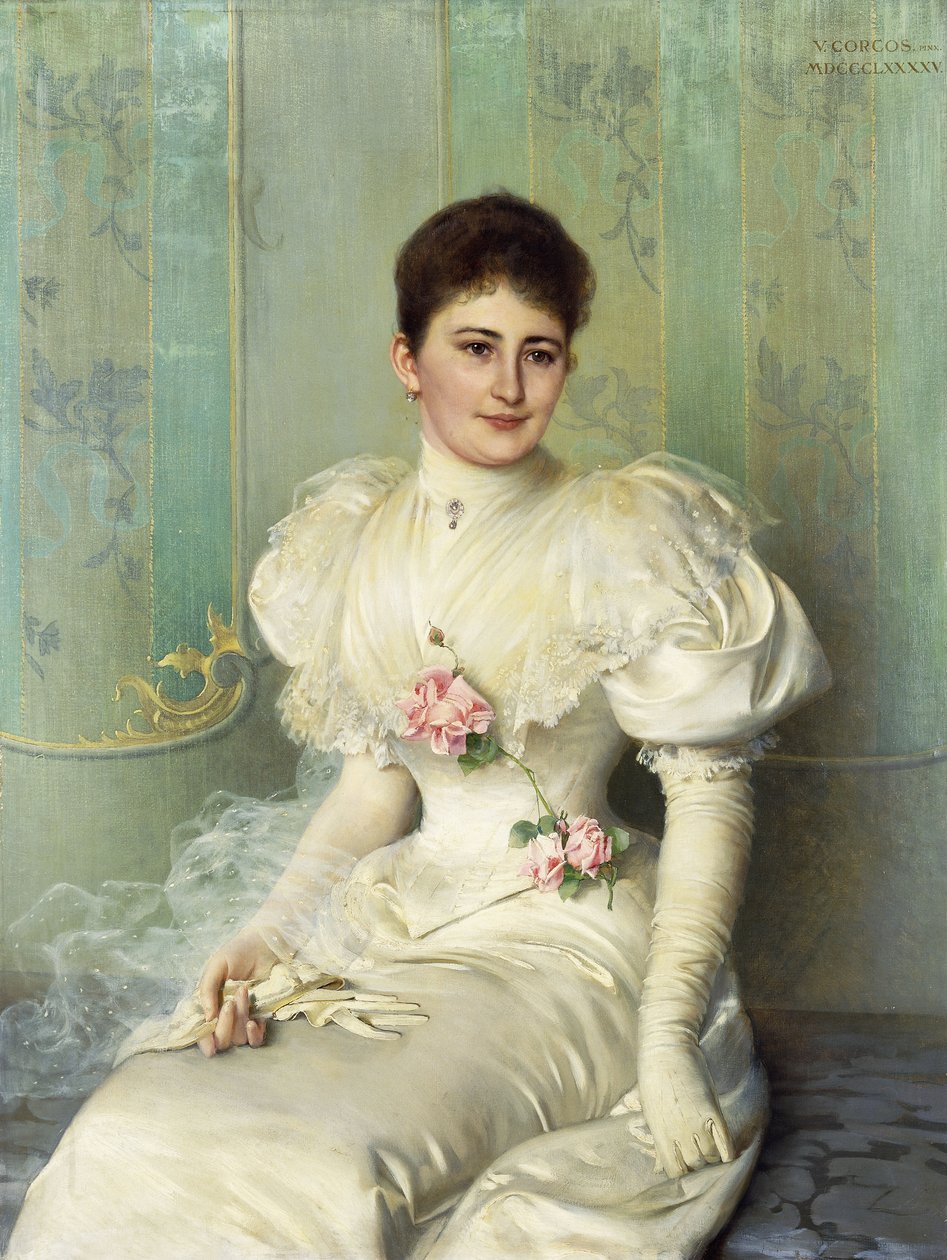 Portrait of a Lady, seated three quarter length, wearing a White Dress by Vittorio Matteo Corcos