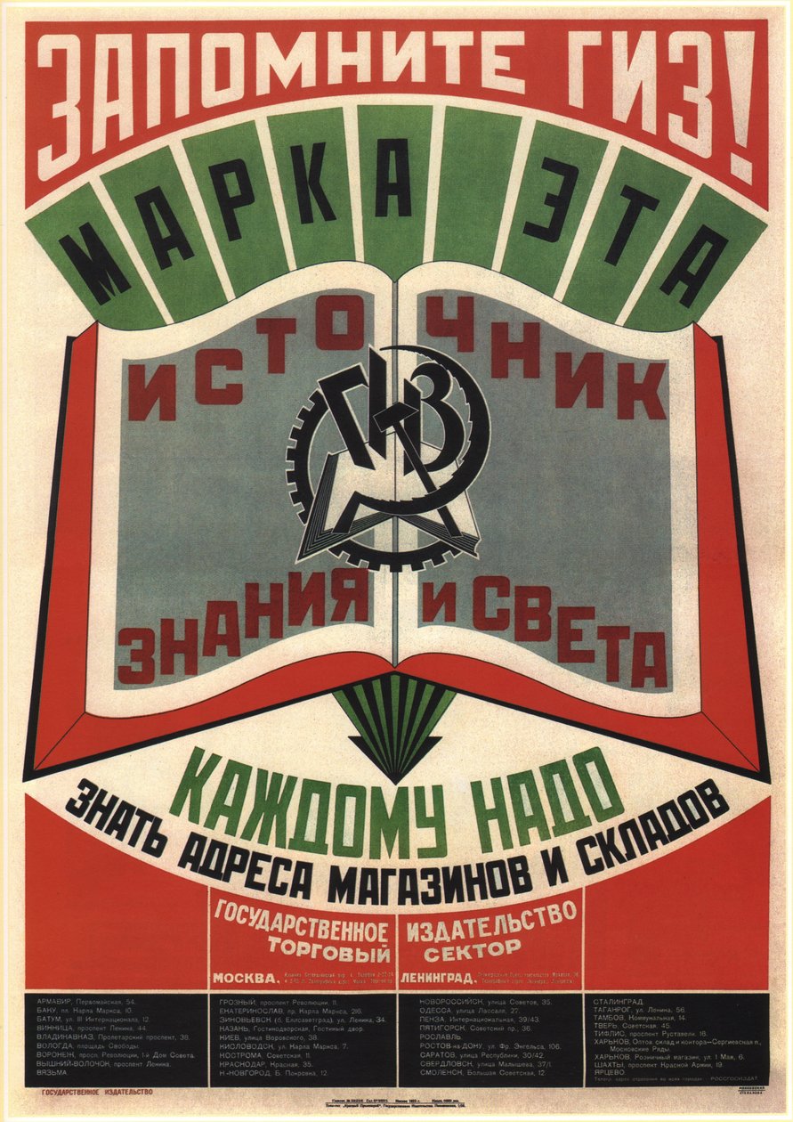Remember GIZ State Publishers. This trademark is a source of knowledge and light, 1925 by Vladimir Mayakovsky