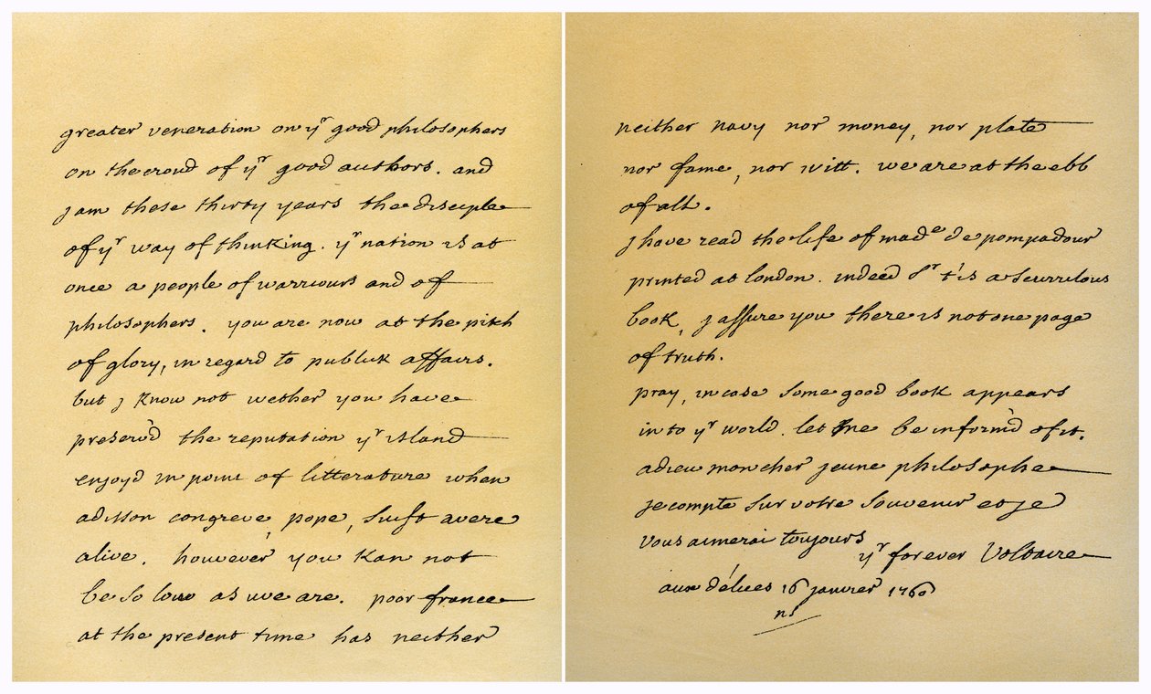 Letter from Francois Marie Arouet de Voltaire to George Keat, 16th January 1760 by Voltaire