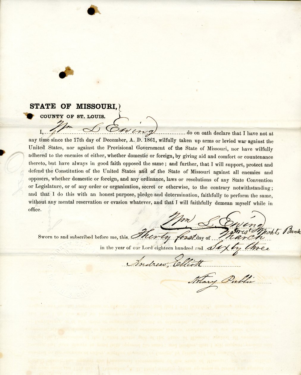 Loyalty oath of Wm. L. Ewing of Missouri, County of St. Louis by W.L. Ewing