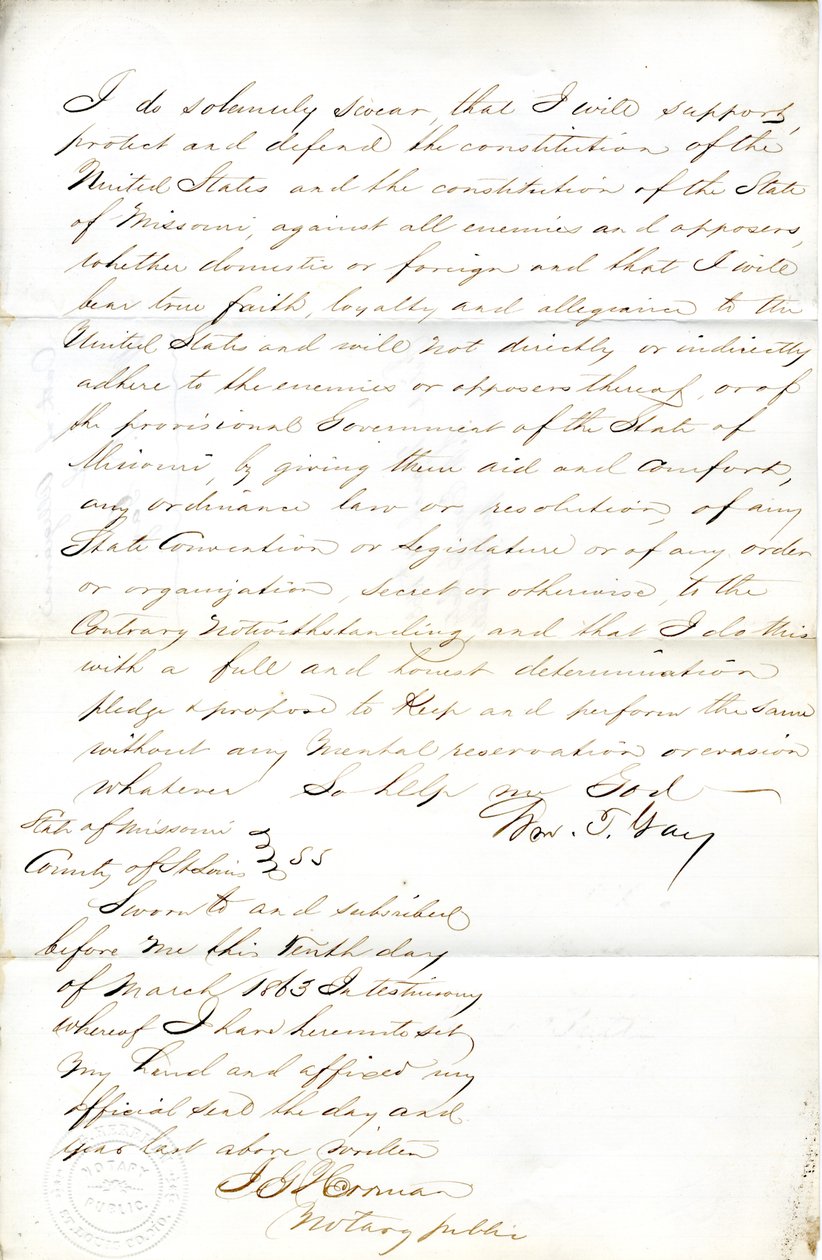 Loyalty oath of Wm. T. Gay of Missouri, County of St. Louis by W.T. Gay