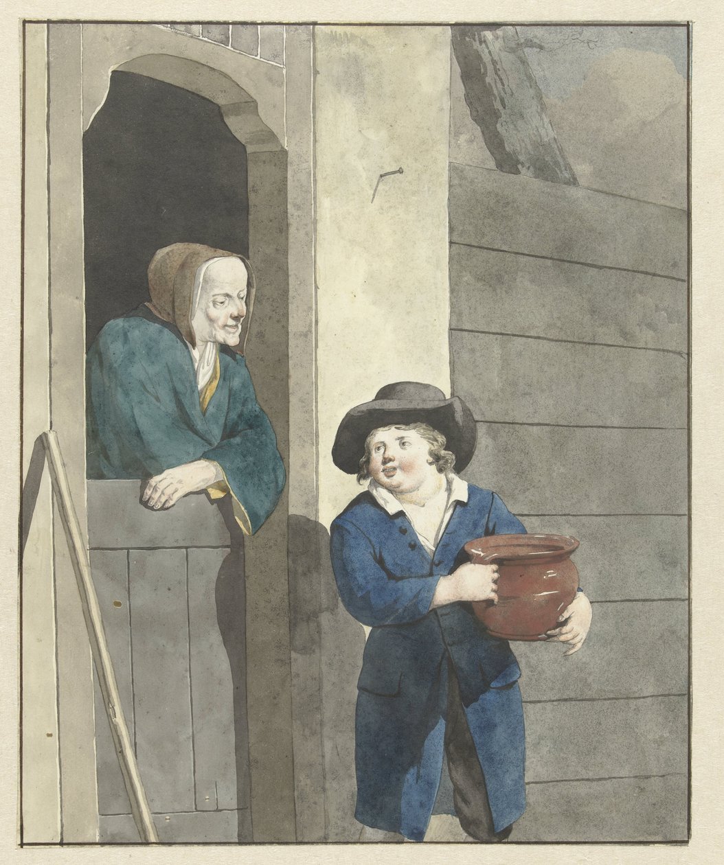 Boy with a Pot by a Woman Leaning on a Half-Door by W. Barthautz