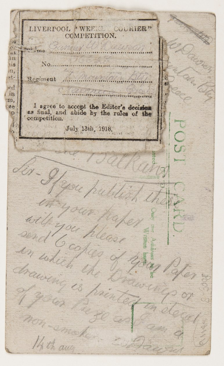 Postcard to the Editor of the Liverpool Weekly Courier, 14 August 1918 by W. Dawson