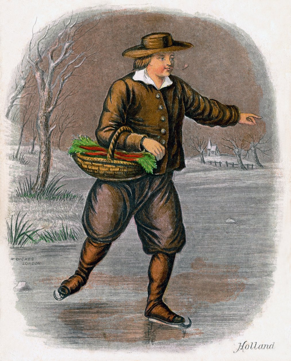 Dutch Man Skating with a Basket of Vegetables by W. Dickes