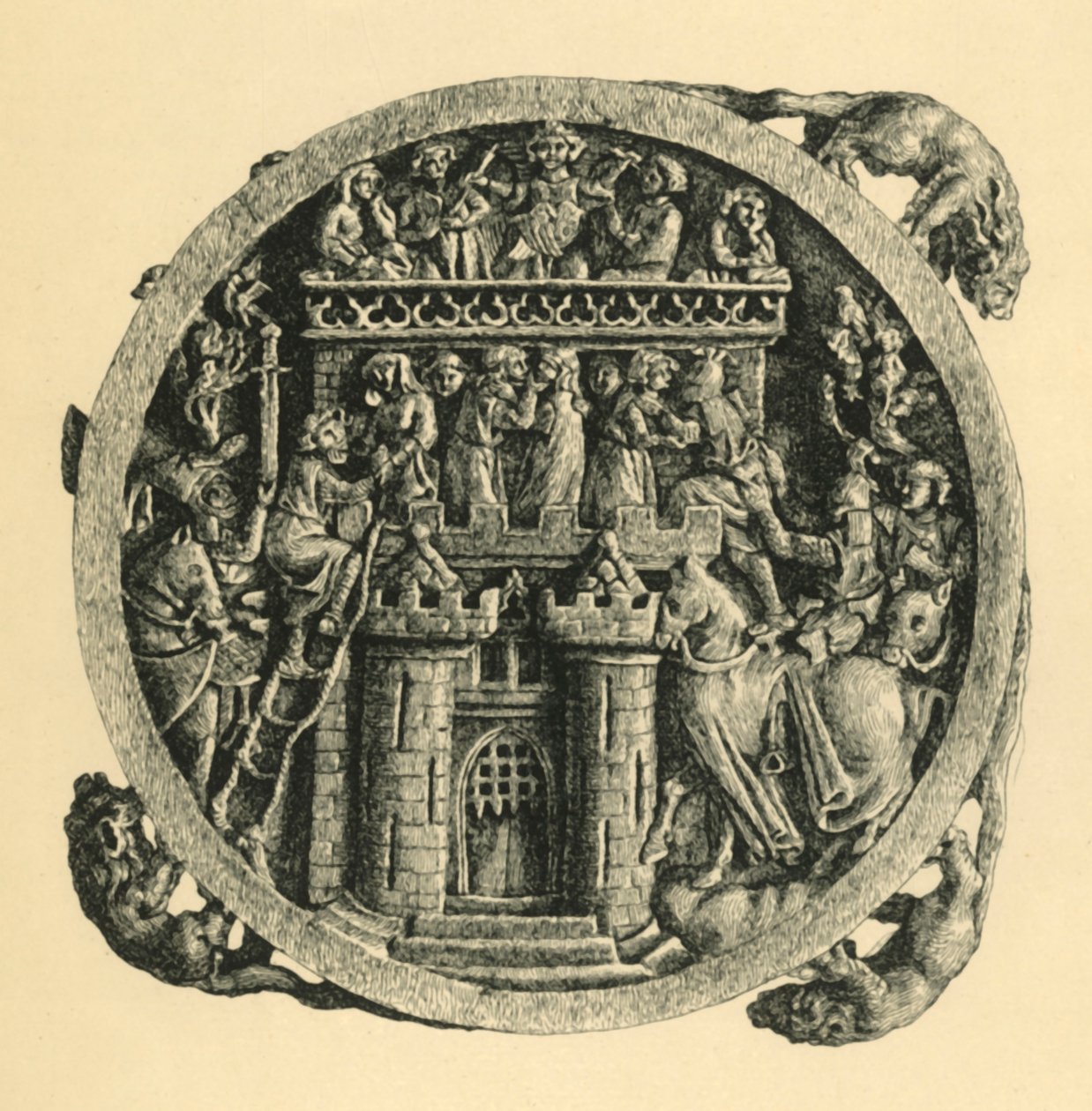Ivory mirror case depicting the Storming of the Castle of Love, early-mid 14th century, 1881 by W. Wise