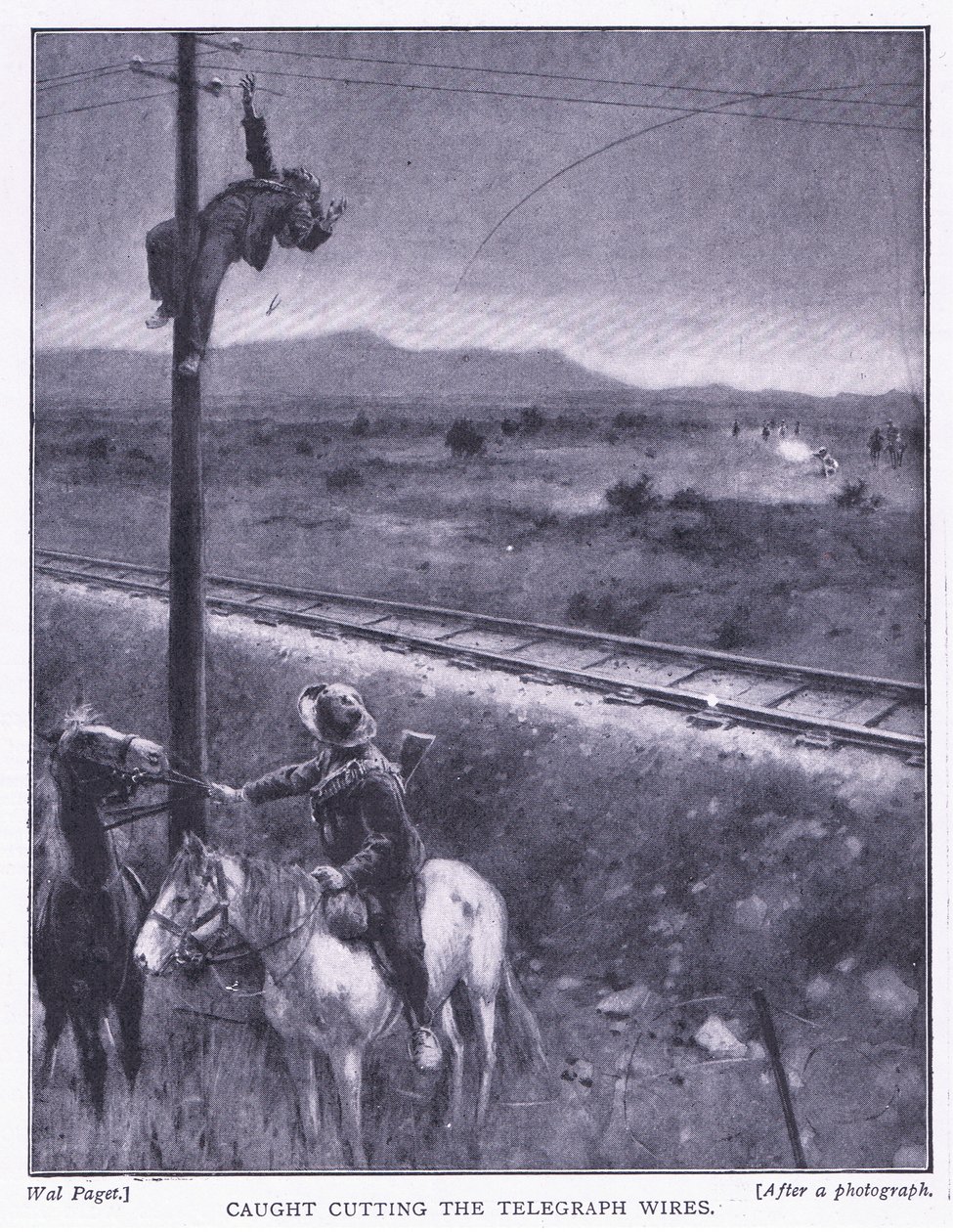 Caught cutting the wires (illustration from After Pretoria: The Guerilla War, 1902) by Wal Paget