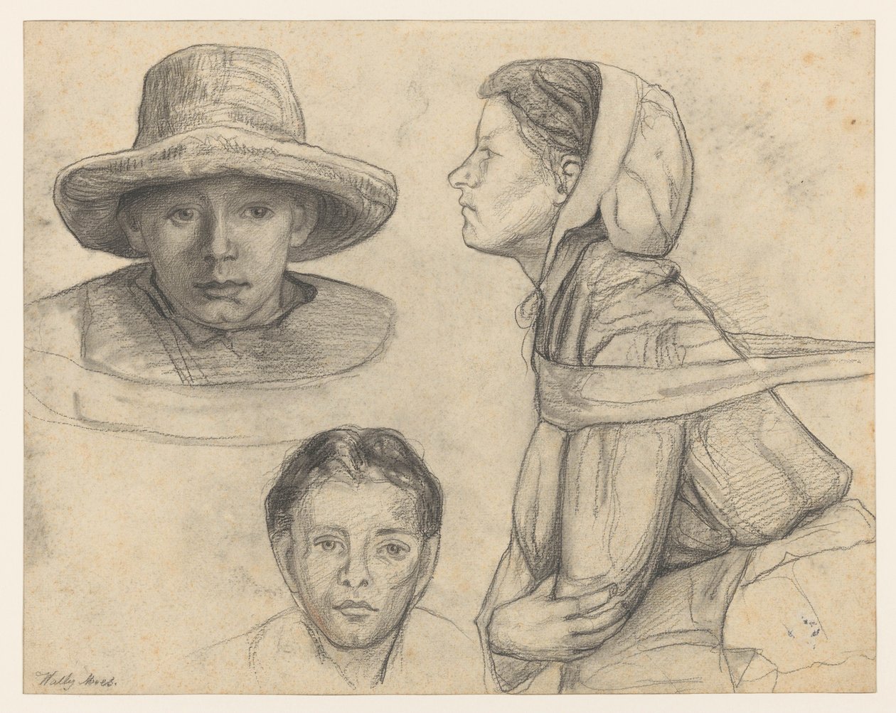 Study Sheet with Two Heads Facing Forward and a Female Figure Half-Length in Profile to the Left by Wally Moes