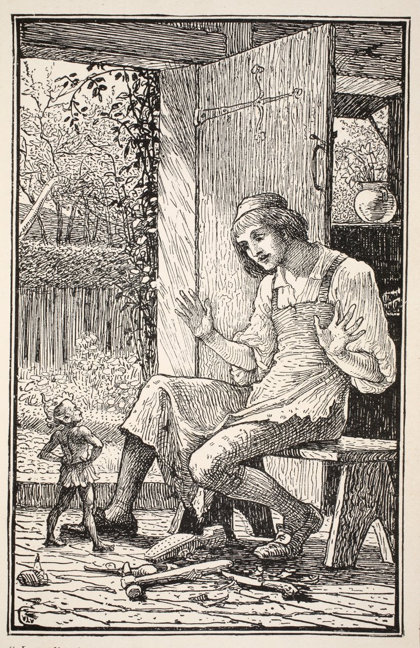 Immediately a tiny being hopped from under the leather scraps at his feet, and placing his arms akimbo, laughed a goblin laugh in the astonished Taffy