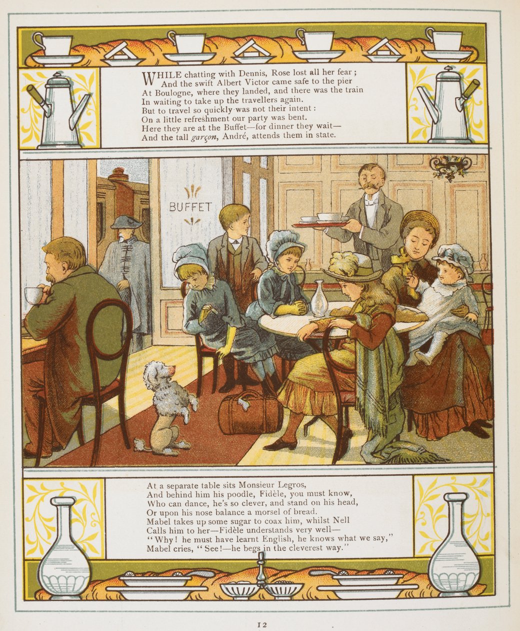 A family having refreshments in a buffet. Colour Illustration from 
