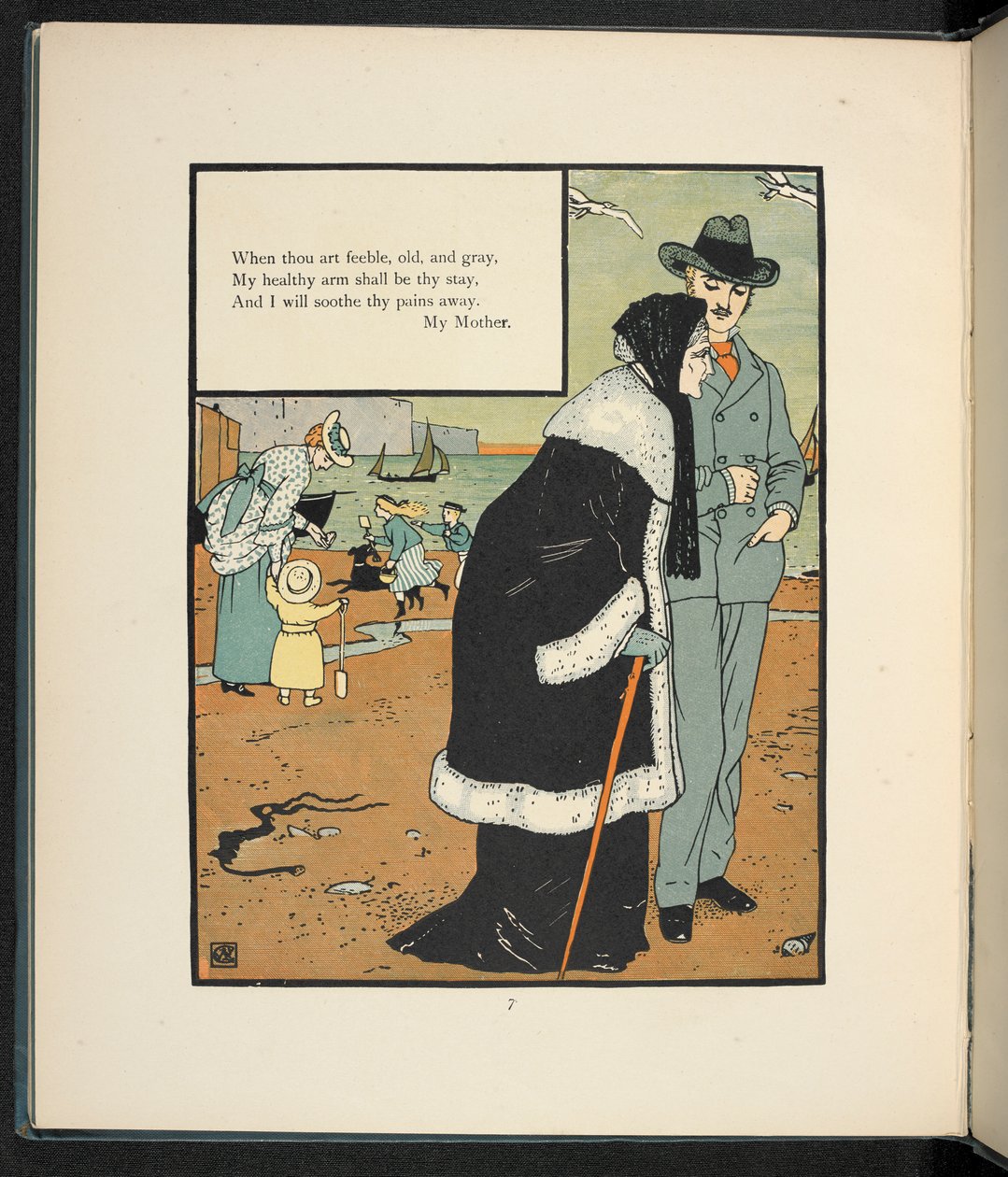 A man with his mother on a beach by Walter Crane