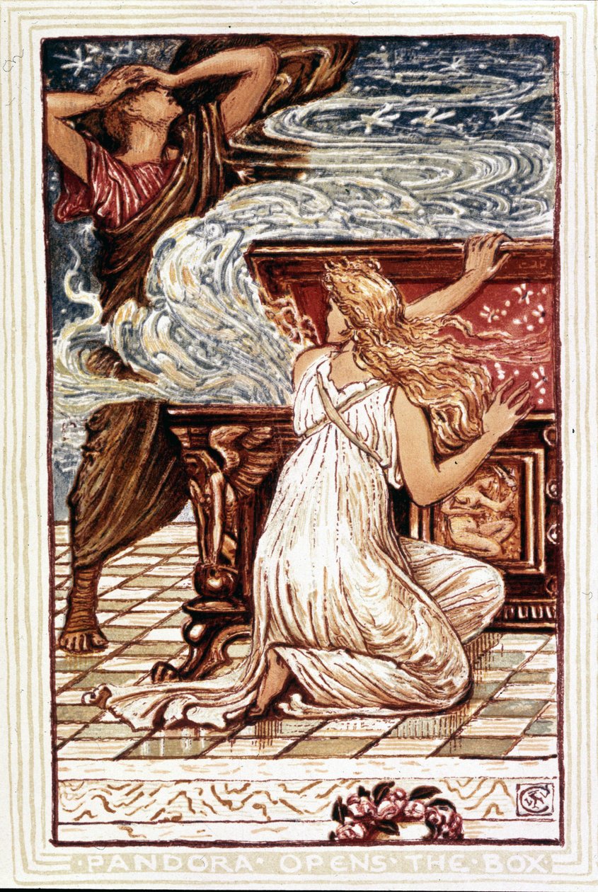 Pandora opening the box. Illustration by Walter Crane for “Wonder book for girls and boys”, London 1893. by Walter Crane