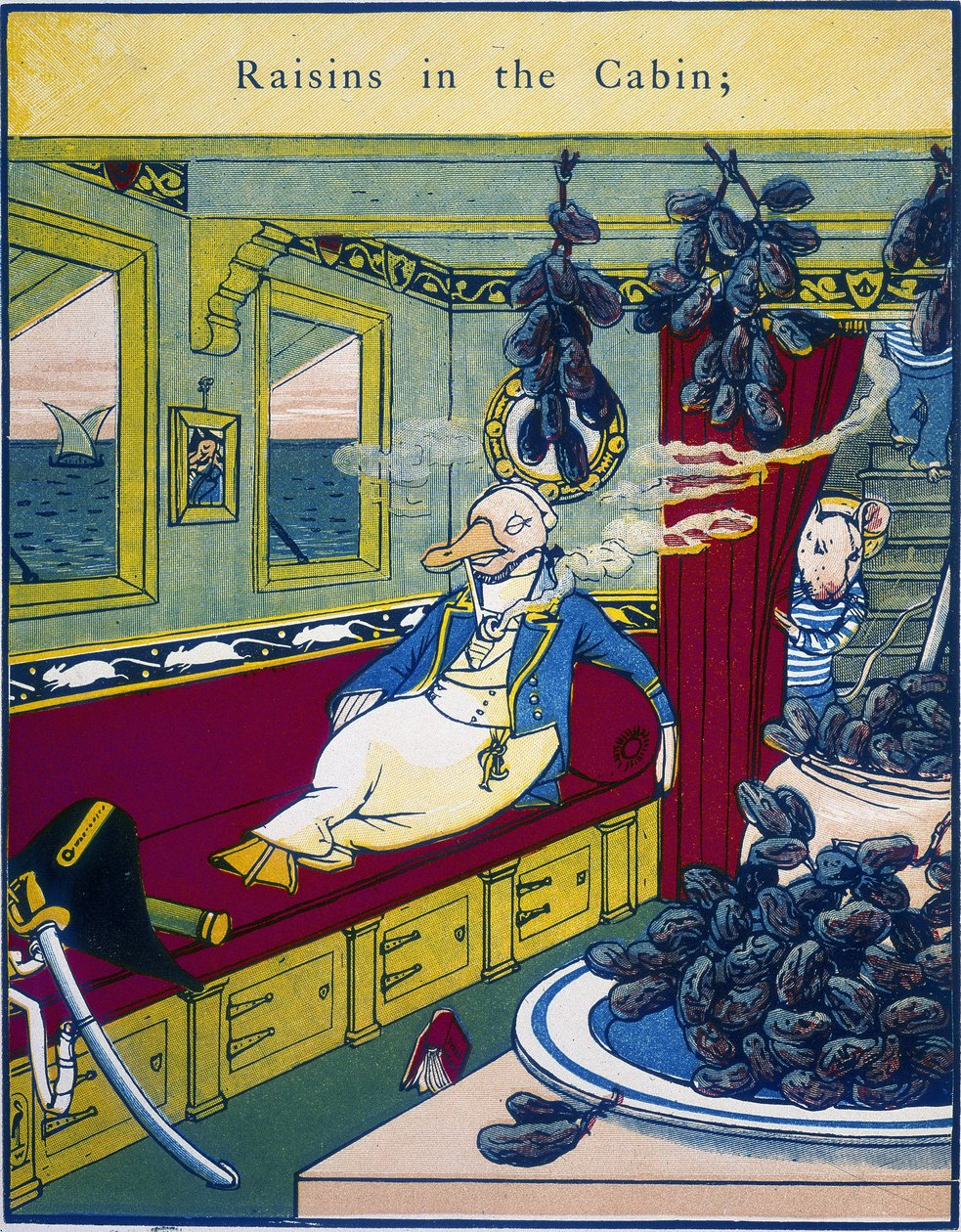 Raisins in the cabin, scene in a boat cabin with a bunch of grapes in the foreground - in Routledge