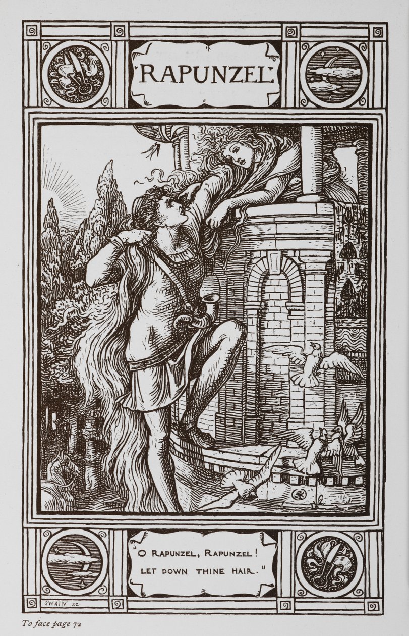 Rapunzel leans out of the window of a tower while a prince climbs up her hair by Walter Crane