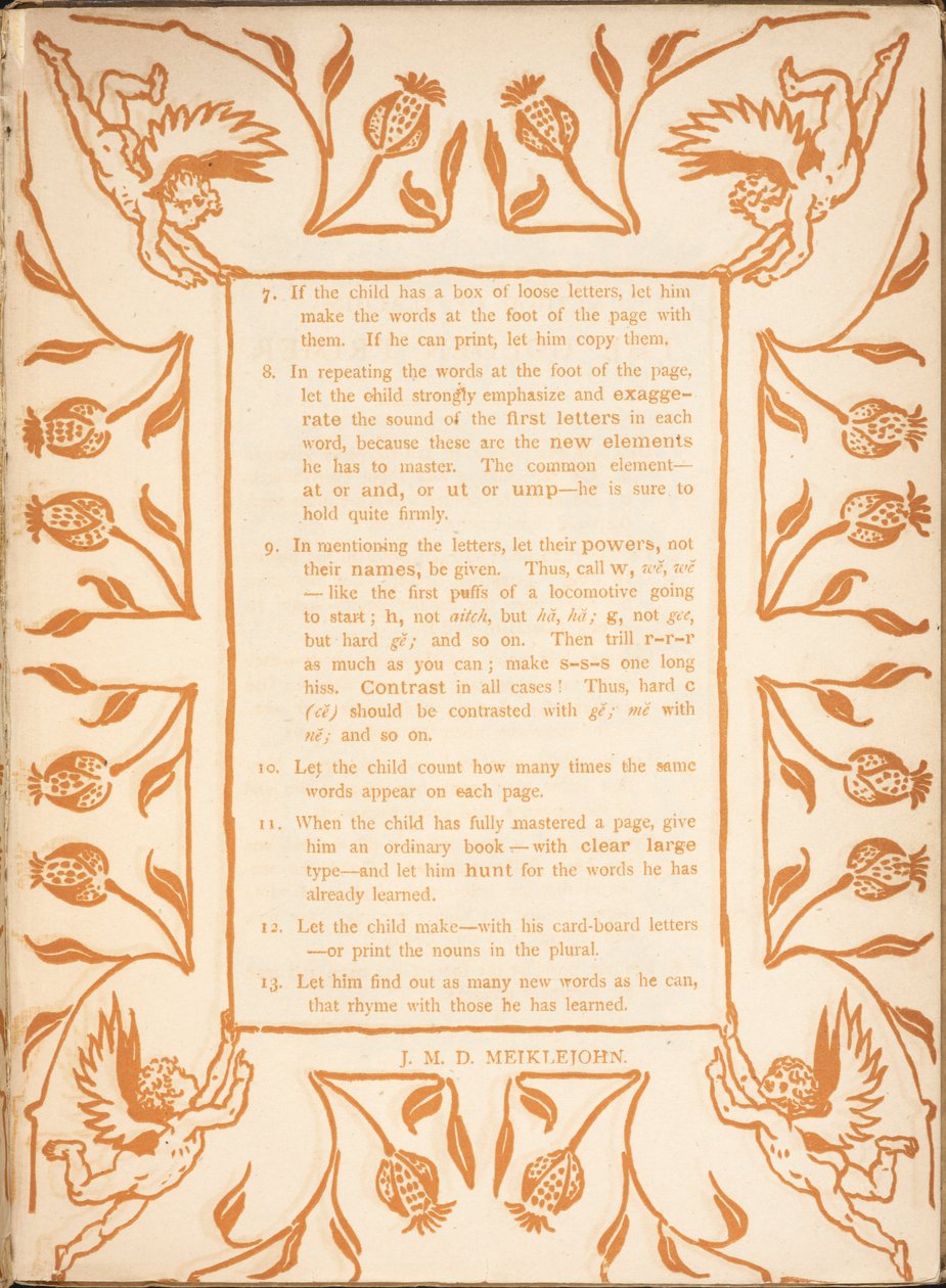 Reading instructions for a child. A floral border, with cherubs by Walter Crane
