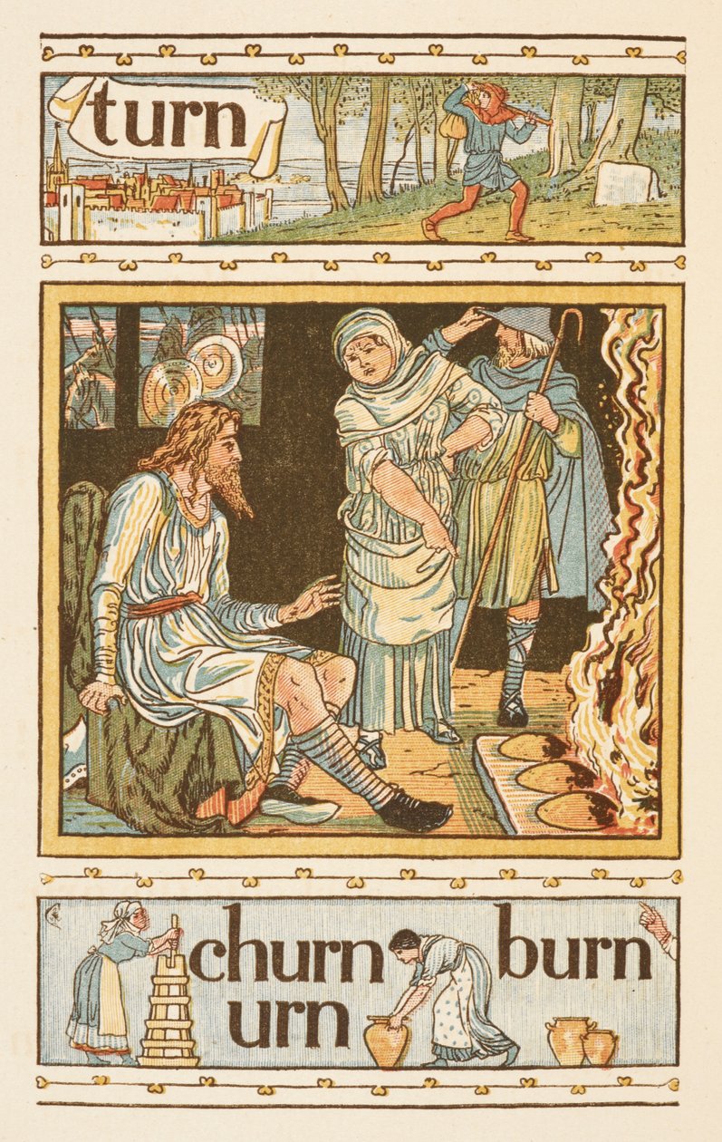Rhyming Words Ending in the Letter N. An Illustration, Showing Possibly, King Alfred and the Burning Cakes. The Golden Primer by Walter Crane