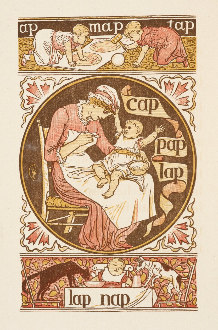 Rhyming words ending in the letter P. An illustration, showing a woman feeding a child. The Golden primer by Walter Crane