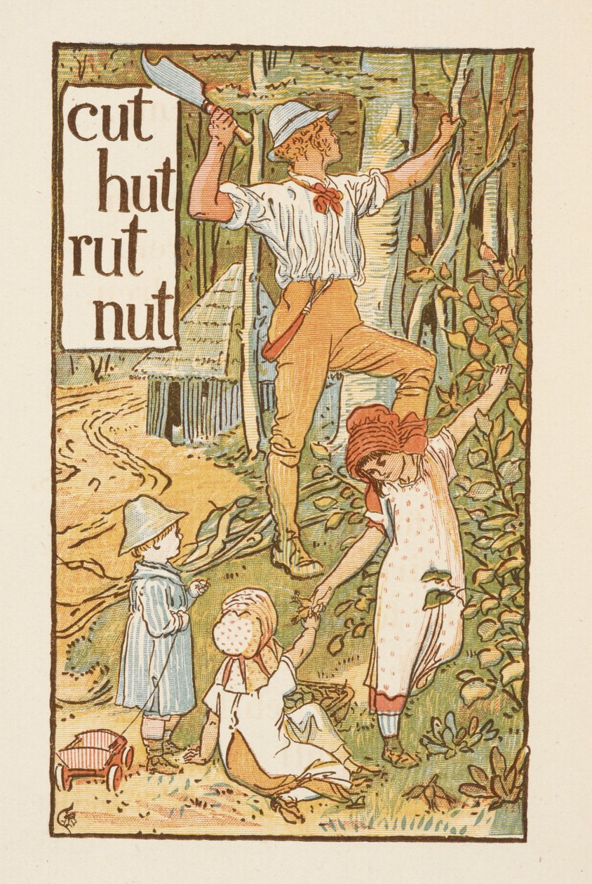 Rhyming words ending in the letter T. An illustration, showing a man cutting a tree. Three children are with him. The Golden primer by Walter Crane