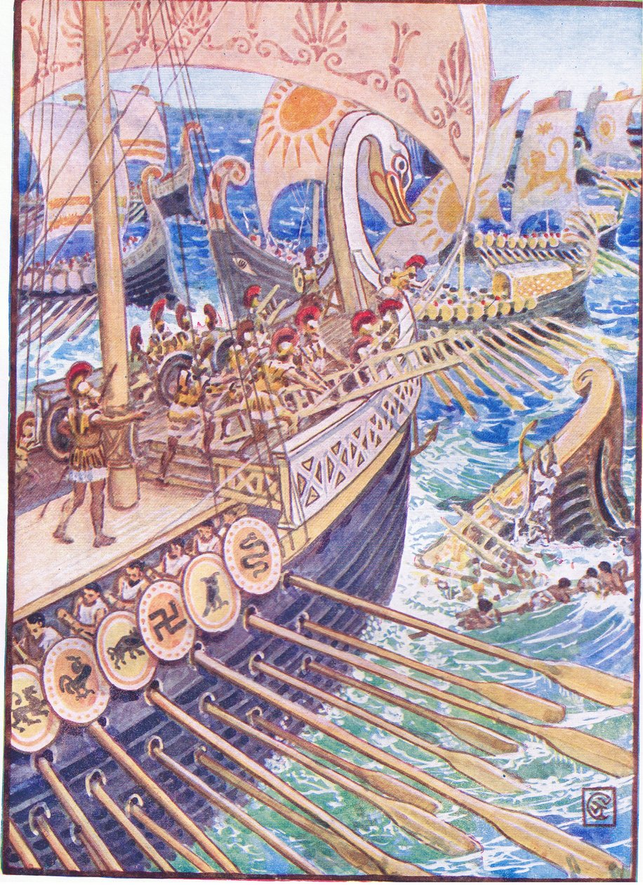 Ship dashed against ship, till the Persian dead strewed the deep like flowers, illustration from The Story of Greece by Walter Crane