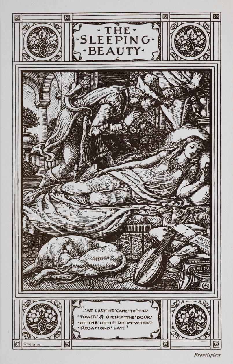 Sleeping Beauty Lies Asleep Surrounded by a Sleeping Dog and a Musical Instrument While Prince Charming Watches Over Her. by Walter Crane