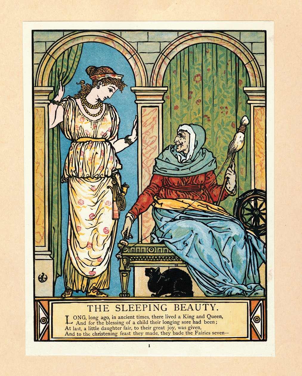 The Princess learns to spin, from The Blue Beard Picture Book, pub. 1879 colour lithograph, 1879 by Walter Crane