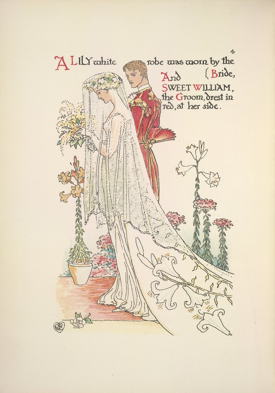 The bride and groom. A lily white robe worn by the bride, and sweet William, the groom, dressed in red by Walter Crane