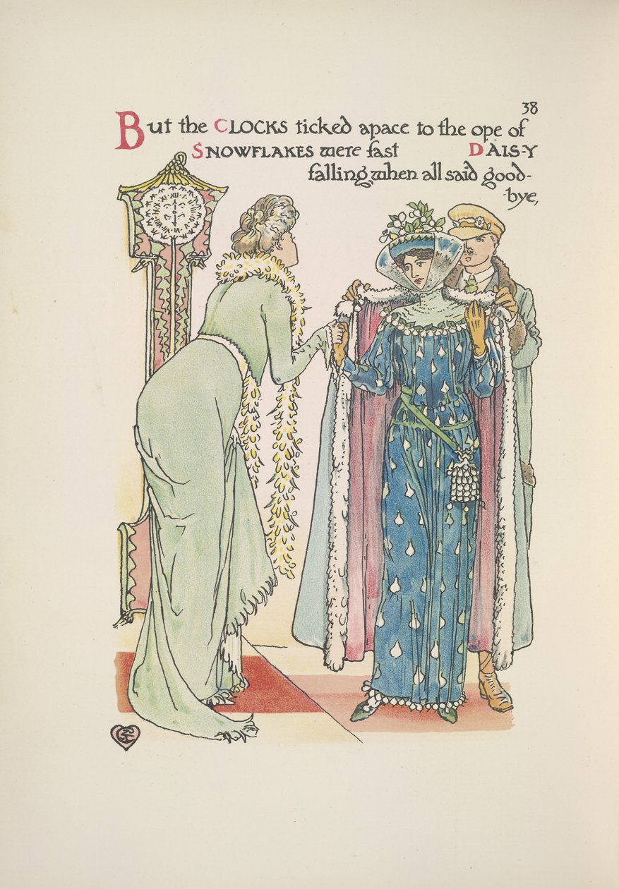 Wedding Guests Leaving, a Lady Saying Goodbye; a Man Helping Her On with Her Coat by Walter Crane