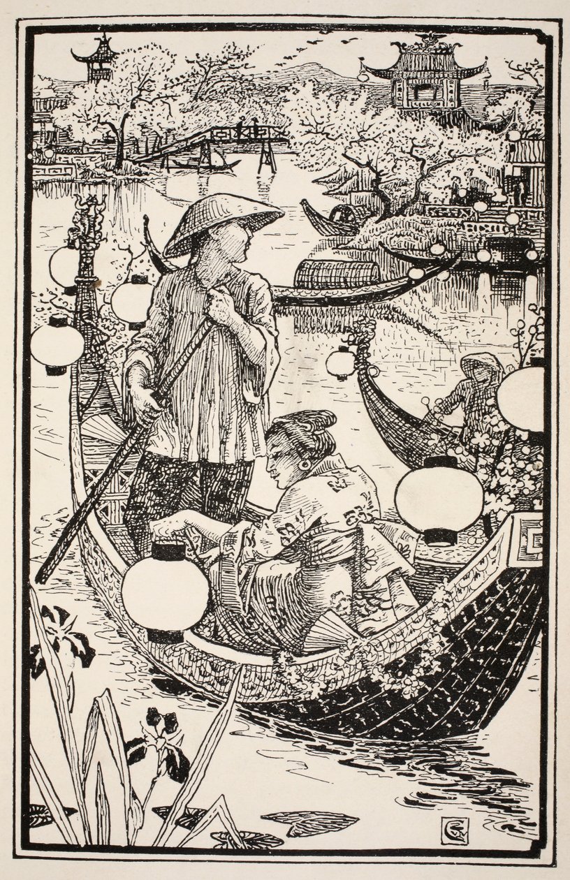 When evening came they got into their boat again, wreathing it with flowers from prow to stern, illustration from 