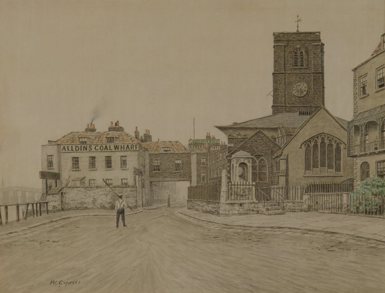 Alldins Coal Wharf and Chelsea Old Church, London by Walter Greaves