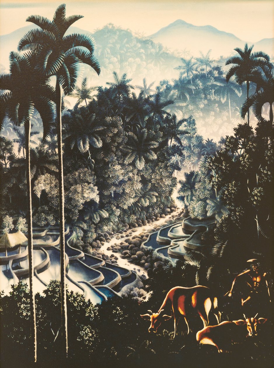 River landscape with herdsman and cows by Walter Spies