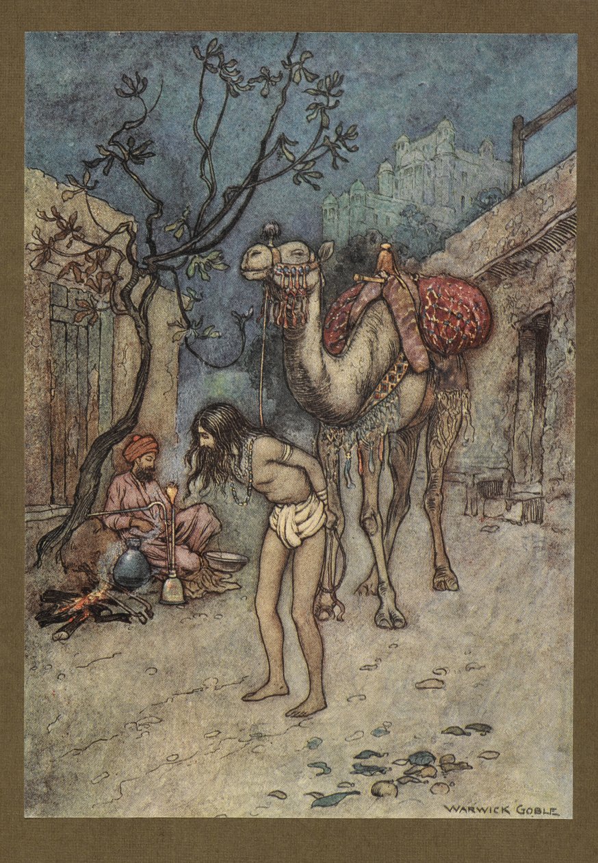 The Camel-Driver Alighted, Tied the Camel to the Tree on the Spot, and Began Smoking, from Folk-Tales of Bengal by Warwick Goble