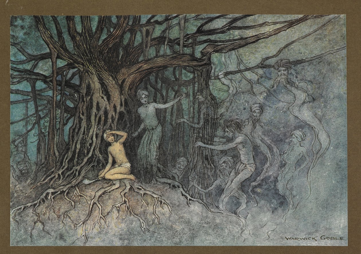 Plate 19: The moment the first stroke was given, a great many ghosts rushed towards the Brahman, from Folk-Tales of Bengal by Warwick Goble