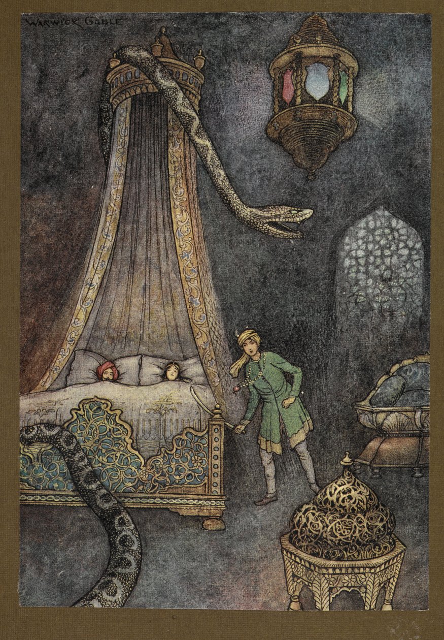 Plate 3: He rushed out of his hiding-place and killed the serpent, from Folk-Tales of Bengal by Warwick Goble