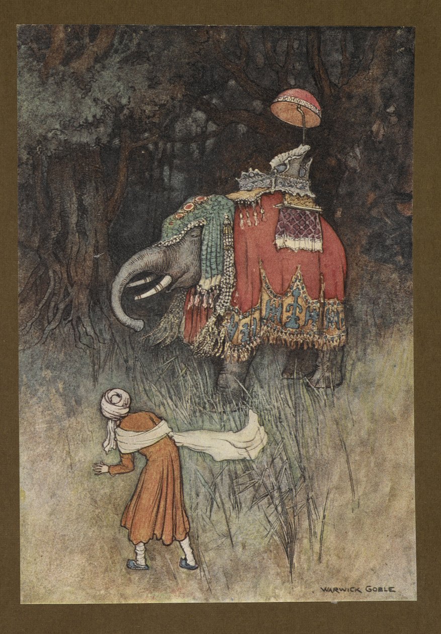 On a Sudden an Elephant Gorgeously Caparisoned Across His Path, from Folk-Tales of Bengal by Warwick Goble