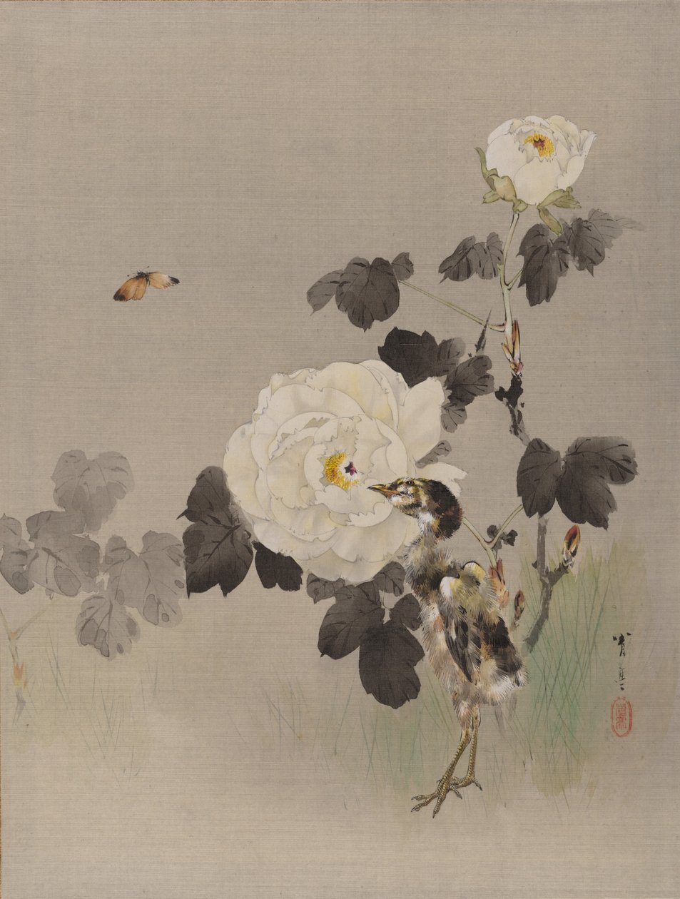 Roses, Young Bird and a Butterfly, ca. 1887 by Watanabe Seitei
