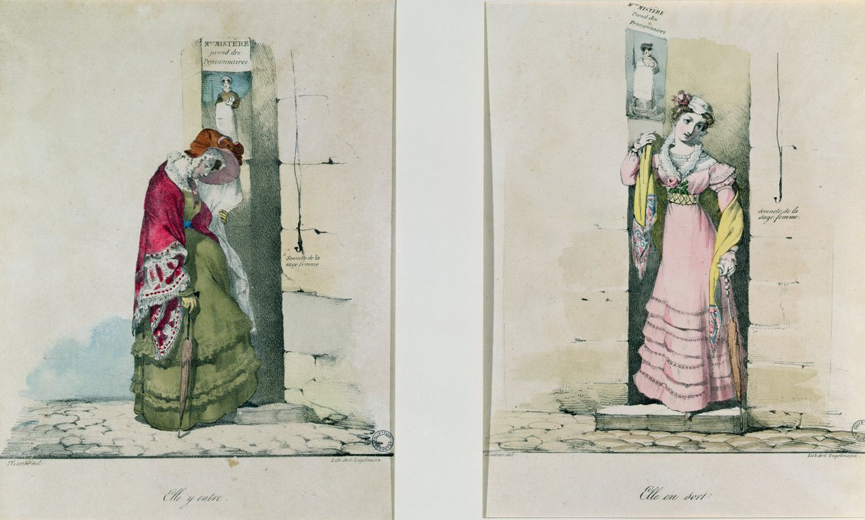 A woman entering and leaving an abortion clinic, engraved by Godefroy Engelmann by Wattier