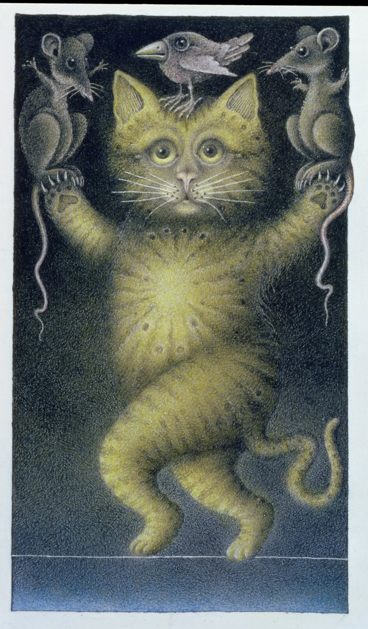 Cat on a Tightrope, balancing with Bird and Mice by Wayne Anderson