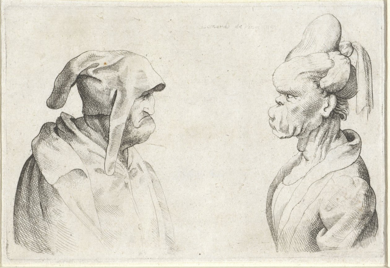 Deformed Heads of a Man with a Loose Cap and a Woman with Tied Hair (Varie figurae et probae series) (Caricatures, Heads and Deformations after Leonardo da Vinci series) by Wenceslaus Hollar (attributed to)