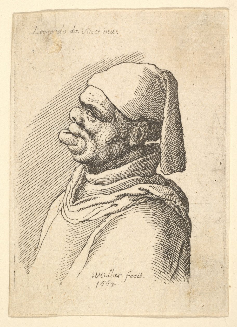 Bust of a Deformed Man with a Hat and a Fat, Protruding Lower Lip in Profile to Left by Wenceslaus Hollar