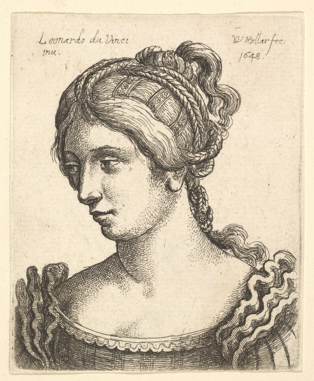 Bust of a Woman Looking Downwards Towards Left with Elaborately Decorated Hair by Wenceslaus Hollar