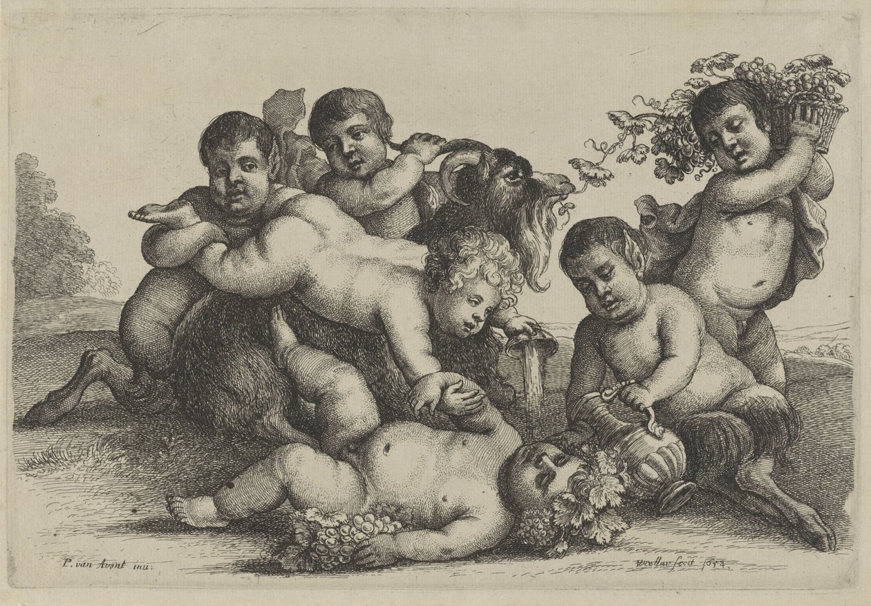 Three Boys, Two Satyrs, a Bacchant, and a Goat (series title: Putti and Satyrs) by Wenceslaus Hollar