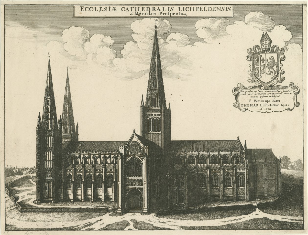 Lichfield Cathedral - South View: engraving, 1672 by Wenceslaus Hollar