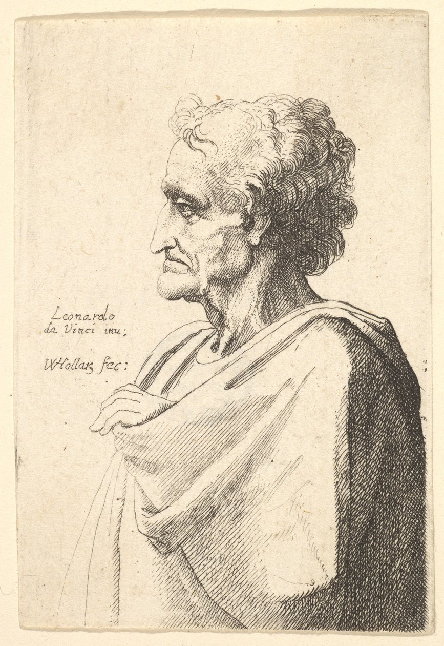 Man with doleful expression to left with hand emerging from cloak by Wenceslaus Hollar