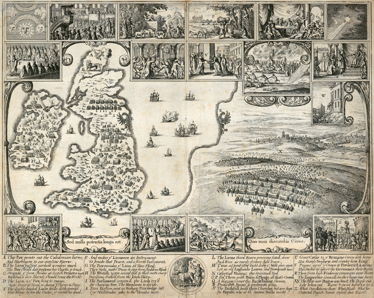 Map of the British Isles and illustrations of 17th century historical events by Wenceslaus Hollar