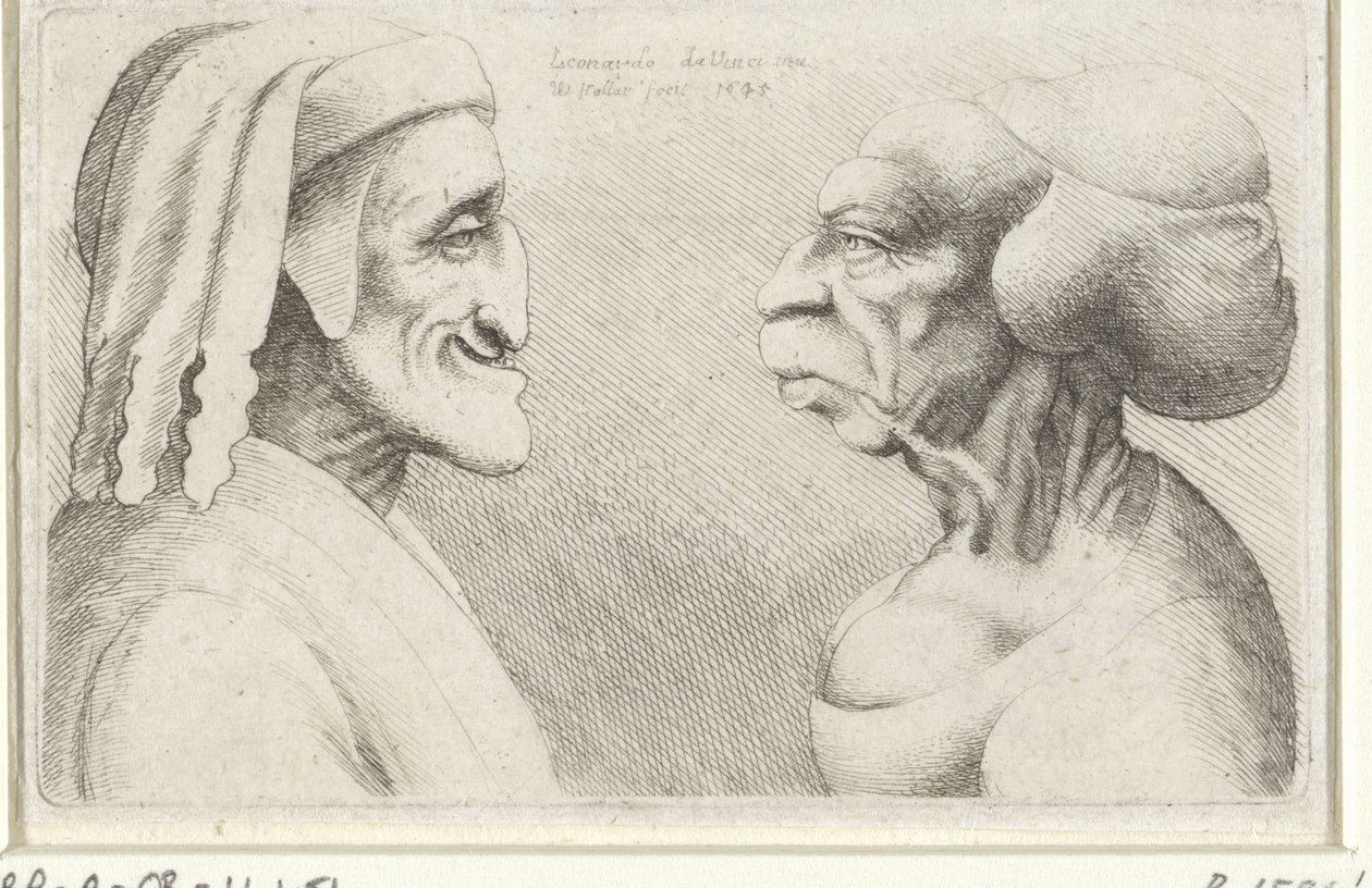 Deformed Caricature Heads of a Man with Cap (Dante?) and Woman by Wenceslaus Hollar